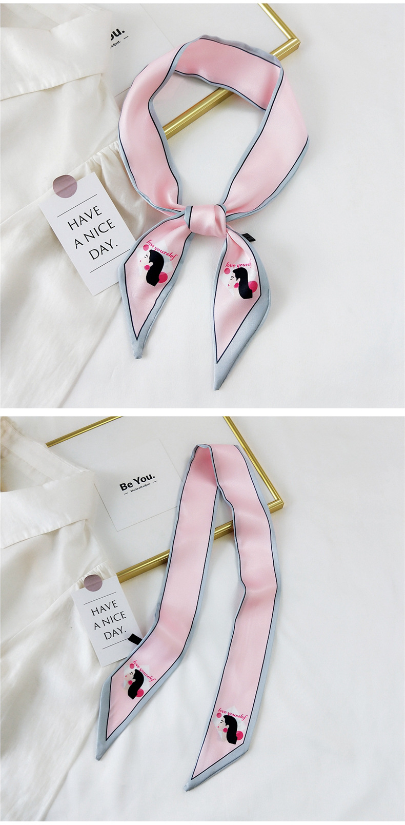 30g Weight Silk Scarf Classification Travel Occasion Unisex Gender Sweet Style Khaki, Grey, Pink, Purple, Red, Green, Blue, Black Color Fashion Streamer Printing Bow Silk Scarf Wholesale 20