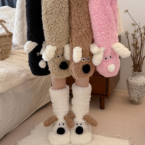 Winter Thickened Fleece Socks Plush Warm Postpartum Sleep Cute Puppy Home Floor Socks Cross-Border