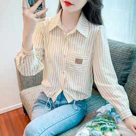 polo领条纹长袖衬衫女秋装2026春秋新款女士衬衣小衫通勤百搭上衣