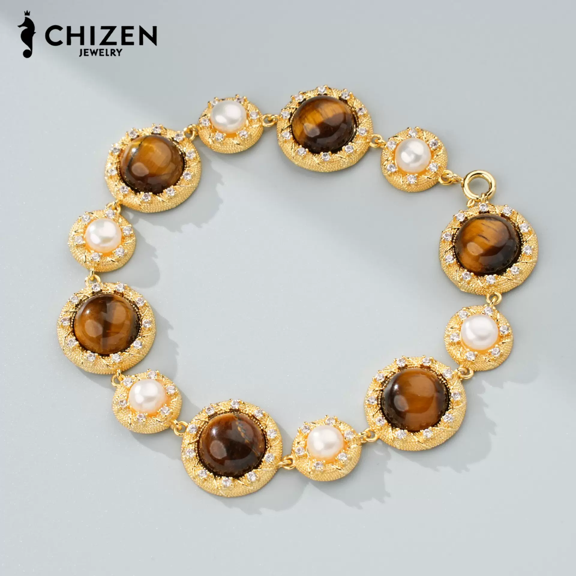 跨境天然淡水珍珠渐变虎眼石珠珠手链棕色系虎眼珠珠宝石源头工厂