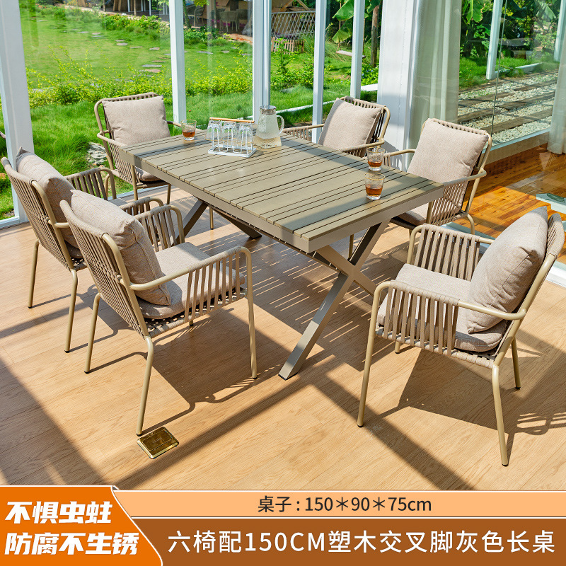 Al Aire Libre mesa y silla patio anticorrosión de madera jardín al aire libre cafetería al aire libre de madera de plástico tabla larga combinación fábrica de Ventas Directas