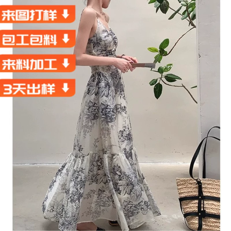 Женское летнее платье без рукавов, элегантное, приталенное, с V-образным вырезом, цветочным принтом, королевского стиля, новинка лета 2025 года.