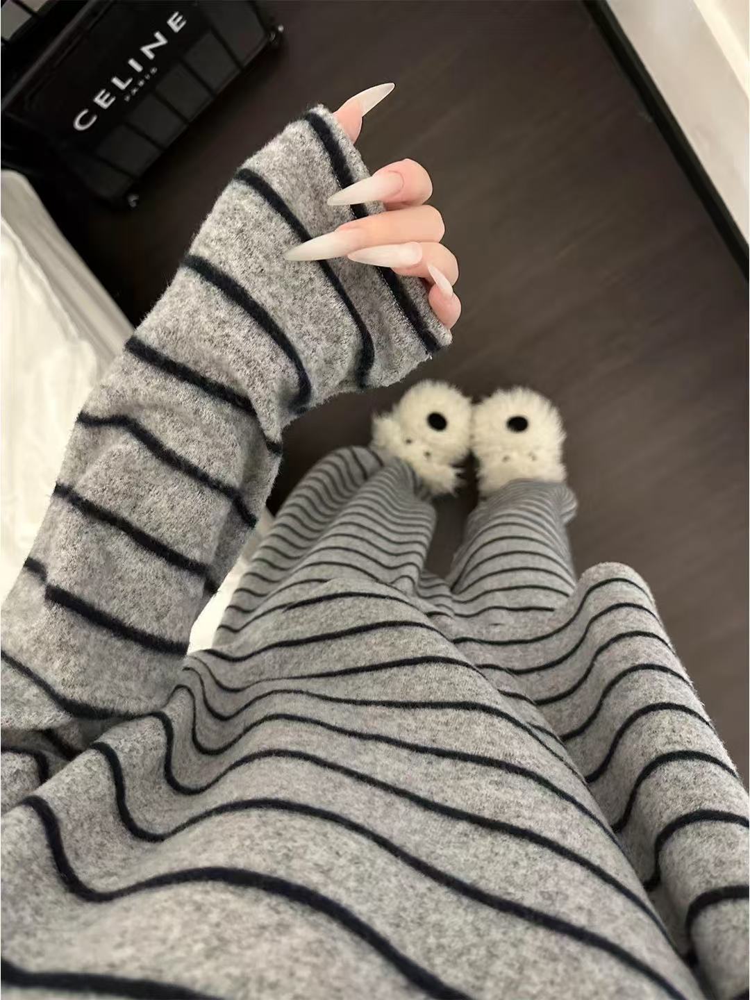 Pigiama a righe semplice, a blocchi di colore, in velluto termico, per donna, autunno inverno, stile coreano, nuovo, caldo_voghion.com