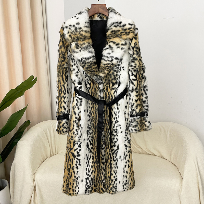 Women's New Fur Coat Over-the-knee Leather Imported Rabbit Hair Printed Raccoon Leopard Cold-resistant Warm Fashion Coat