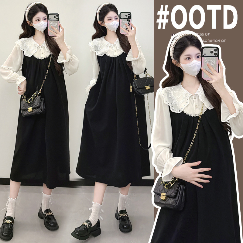 Outfits for Pregnant Moms~ French Lace-Trimmed Doll Collar Faux Two-Piece Maternity Dress, Spring and Autumn Wear, High-End Long Dress Outfits for Pregnant Moms~ French Lace-Trimmed Doll Collar Faux Two-Piece Maternity Dress, Spring and Autumn Wear, High-End Long Dress