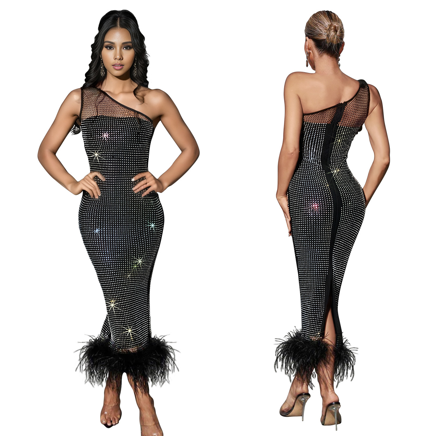 C6666 transfronterizo AliExpress Amazon europeo y americano de la moda de las mujeres solo hombro malla rhinestone pluma vendaje vestido image 7