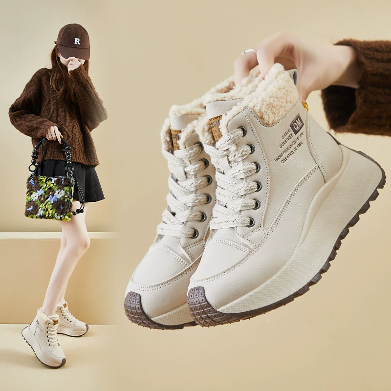 Зимние высокие кеды на флисовой подкладке 2025 года, новый корейский стиль, женские повседневные кроссовки для студенток, увеличивающие рост, теплые XFK835