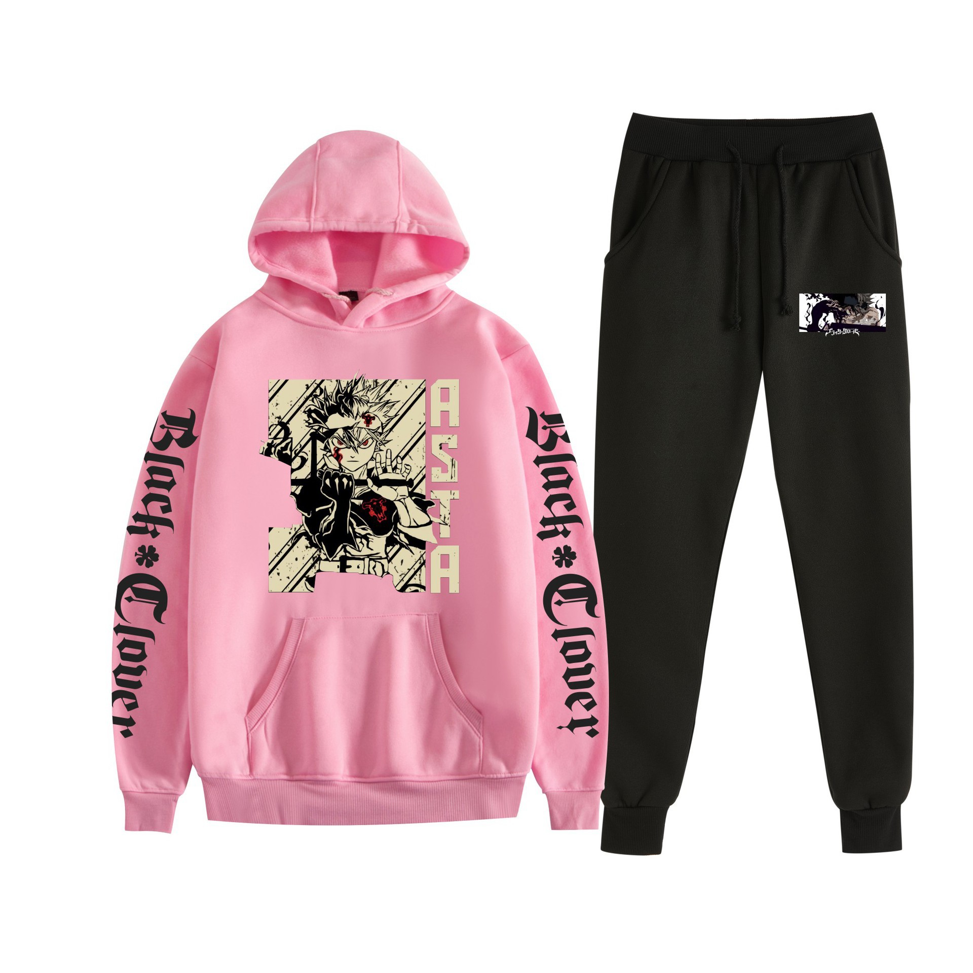 Trébol de cuatro hojas negro nuevo estilo transfronterizo Black Clover pareja suéter con capucha hombres y mujeres pantalones de dos piezas