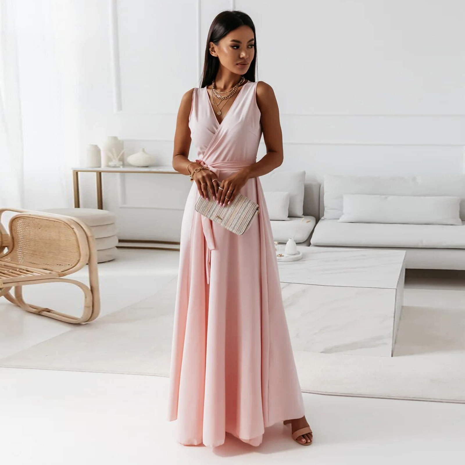 2025 Independent Station European And American Cro-Border Spring Summer New Women's Solid Color V-Neck Long_ecoleips.com