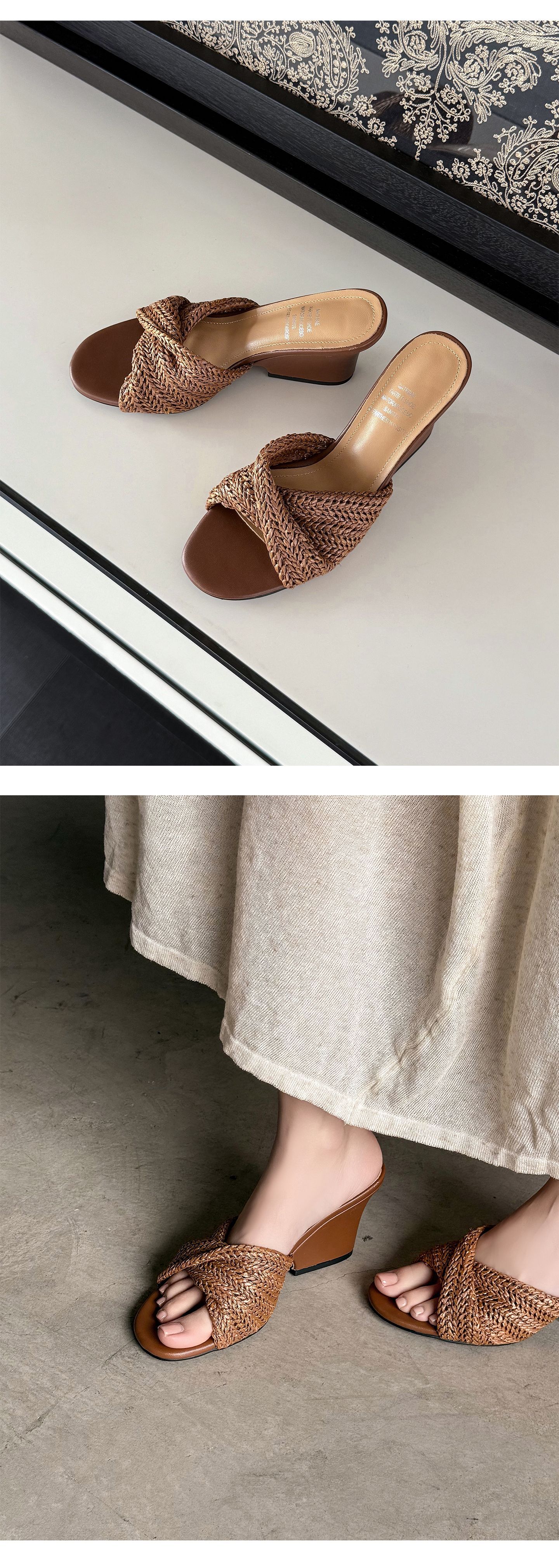 Dép sandal nữ xỏ ngón đế bệt phong cách Pháp, đan rơm, hở mũi, đi biển mùa hè — màu nâu, màu trắng ngà, xanh lá cây chi tiết 16