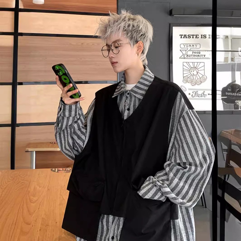 Fake Two-piece Striped Shirt Men's 2024 Spring New Japanese Retro Fashion Brand Work Vest Long-sleeved Shirt Jacket