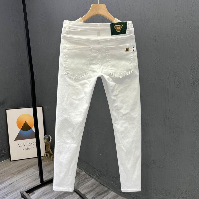 High-end Men's White Pants Simple Summer Trendy Men's Business Cotton Skinny Jeans Slim-fit Cropped Pants