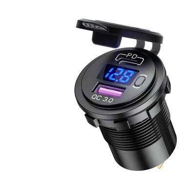 Smart Car Universal 12V Modified Pd Car Charger with Voltage Meter Display Button Qc3.0 Car USB Charger (Mobil şarj cihazları) - qc30pd-fast-chargeonoff-keydigital-display-blue