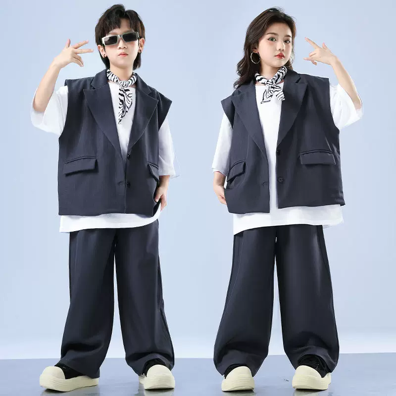 儿童嘻哈街舞西装马甲套装少儿走秀演出服装男女童潮牌hiphop宽松