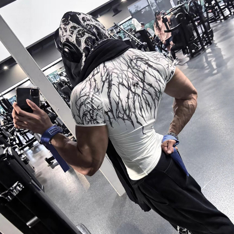 Round Neck Short-Sleeved Printed Compression Sports Fitness T-Shirt for Men and Women, Quick-Drying and Breathable