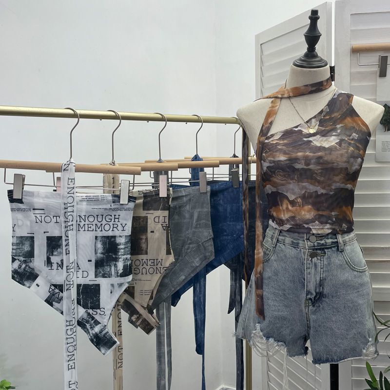 Nightclub Style Shoulder Print Neck Lace Sleeveless Mesh Tube Top Short Shoulder Color Small Vest Top for Women