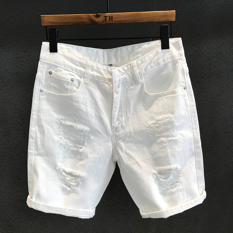 Wholesale New Hong Kong Style Street Fashion White Ripped Denim Shorts for Men, Casual Trendy Summer Distressed Five-Point Shorts Wholesale New Hong Kong Style Street Fashion White Ripped Denim Shorts for Men, Casual Trendy Summer Distressed Five-Point Shorts