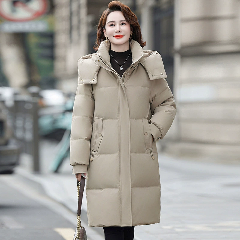 Мама пуховик длинные колени зимние новые модные иностранные модели среднего и длинного утолщенные теплые женские пальто среднего и пожилого возраста