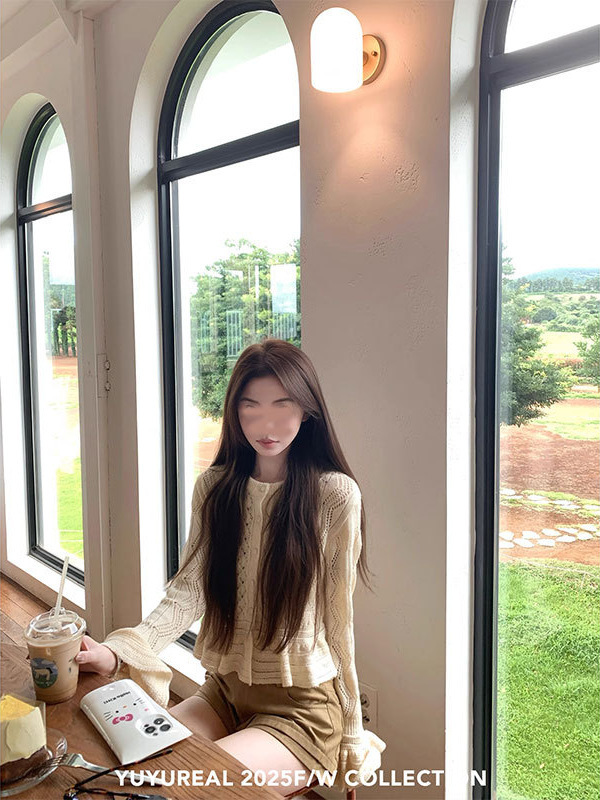 YUYUREAL 私服 镂空钩花荷叶边羊驼毛针织开衫|undefined
