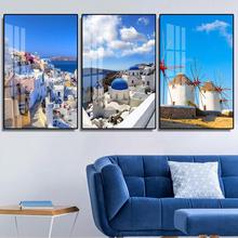 希腊爱琴海风景装饰画北欧唯美蓝天白云卧室床头挂画圣托里尼壁画