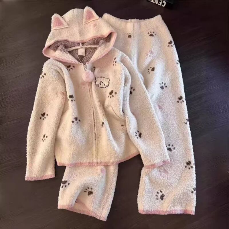 Sweet Girl Cute Cat Claw Print Hooded Coral Velvet Pajamas for Women Autumn and Winter New Thickeneded Home Clothes Set