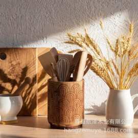 跨境木质餐具盒厨房印花可旋转刀叉筷子烹饪工具收纳盒笔筒餐具架