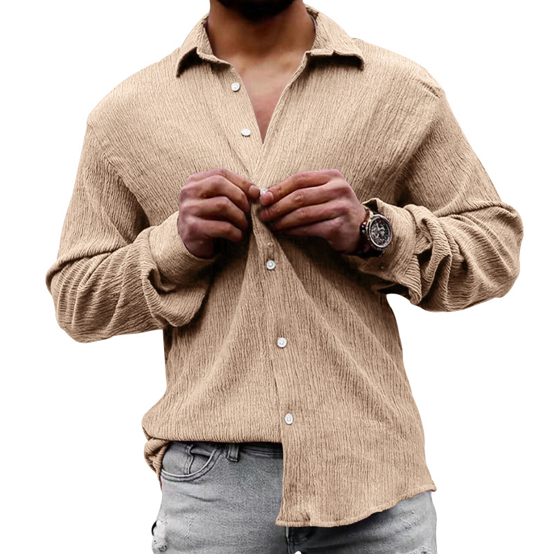 2023 Amazon camisa de manga larga de los hombres de primavera y otoño suelta más tamaño de la burbuja de tela de color sólido solapa camisa casual hombres