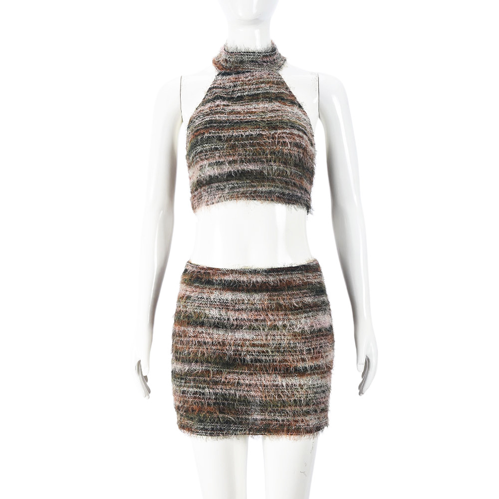 Buckle Neck Cropped Sexy Vest Short Skirt Casual Set Women