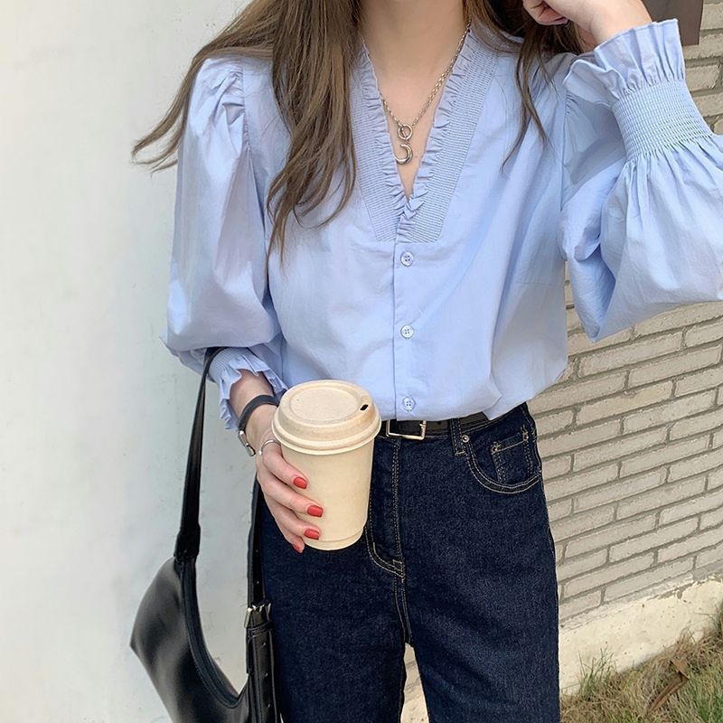 French-Style V-Neck Ruffle Sleeve Blouse, Korean Spring and Autumn Design, Unique and Chic Korean-Style Top for Women
