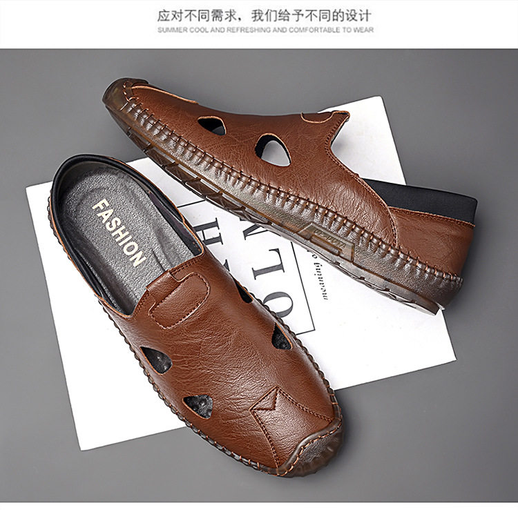 Giày sandal da nam thủ công đan dây, thoáng khí khoét lỗ, kiểu bao đầu — Màu kaki, màu đen chi tiết 17
