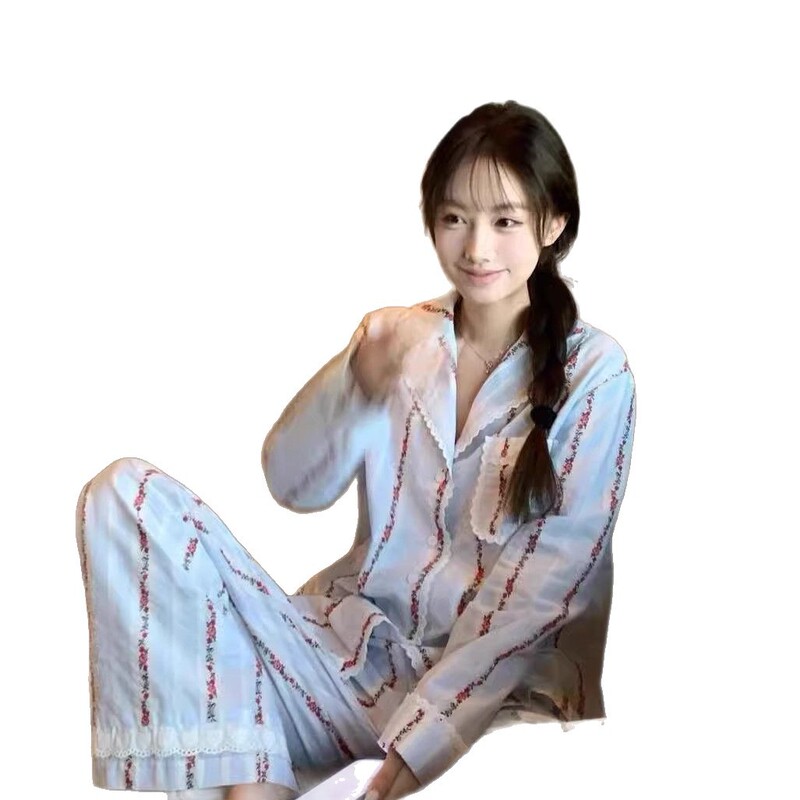 碎花条纹蕾丝花边睡衣女春秋季2025新款长袖长裤家居服套装可外穿|undefined
