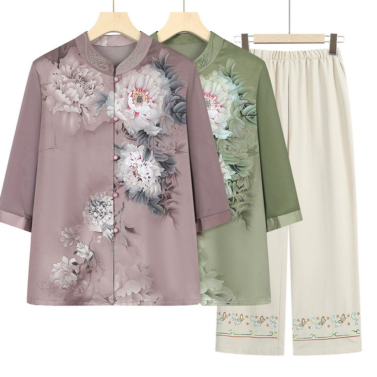 Новый кардиган в китайском стиле для мам 2024 года, свободный крой, новый комплект, модный и легкий топ и брюки.