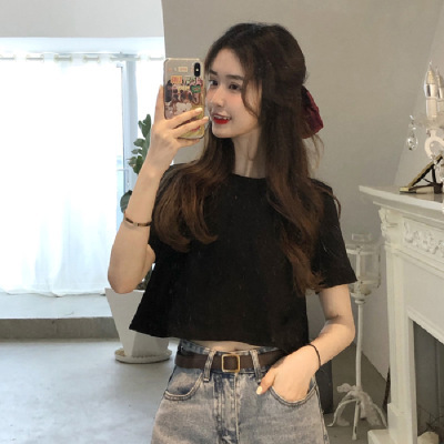 Summer Korean-style white slimming crop top T-shirt for petite women students