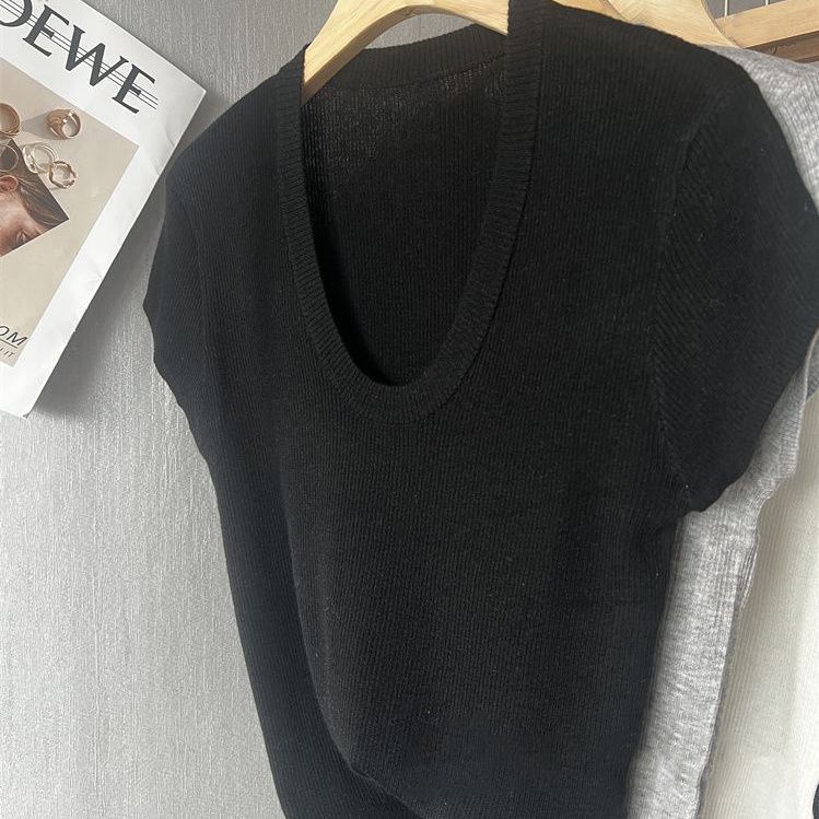 夏の氷糸の肩のtシャツの女性の薄いタイプのニットの小さいシャツの半袖のファッションは年齢を減らします。|undefined