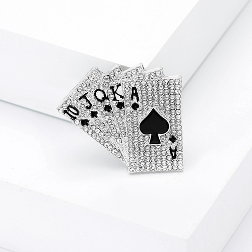 European and American creative new popular jewelry alloy diamond-encrusted hip-hop playing cards flush brooch men's and women's suit collar pins