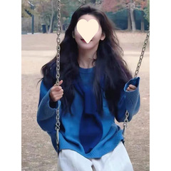 明星同款蓝色毛衣女2025早春宽松慵懒风披肩连帽针织衫上衣时尚潮