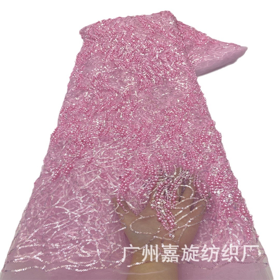 Fabricante mayorista de tela de alta gama para vestidos de novia estilo francés con tubos de cuentas, tela moderna con bordado a máquina de plantas y cuentas. image 6