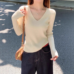 白色v领针织衫毛衣女秋冬高级感2025新款修身长袖内搭打底衫上衣