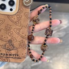 ヒョウ柄ブロック毛玉ストラップ携帯ストラップブラウンボールチェーンカメラオリジナル手作りストラップなし