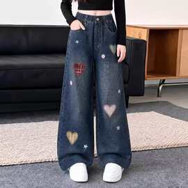 女童牛仔阔腿裤2026春秋新款洋气女大童时髦烫钻宽松高腰裤长裤子