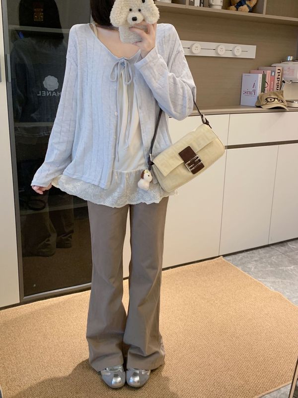 大码女装甜美套装蕾丝吊带背心女秋季长袖针织开衫外套两件套|undefined