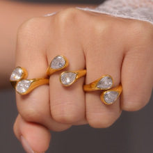 欧麦卡 3A锆石双水滴钛钢开口戒指PVD电镀18k真金保色现货批发女