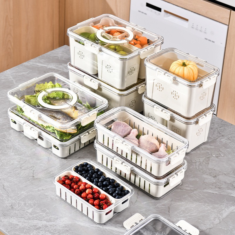 Caja de almacenamiento de refrigerador sellado de grado alimenticio caja de preservación PET portátil drenaje de agua caja de huevos de frutas y verduras condimentos