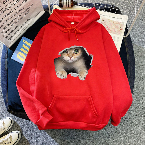 Women's Fashionable 3D Printed Couple Tops for Summer: Adorable Cat Design, Trendy European & American-Style Fleece-Lined Outerwear