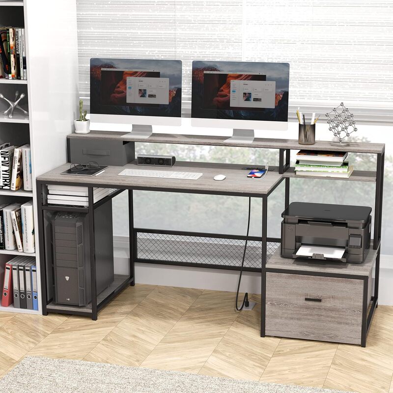 Computer Desk Home Desk with Monitor Stand with Power Socket and Drawer E-sports Table Game Table