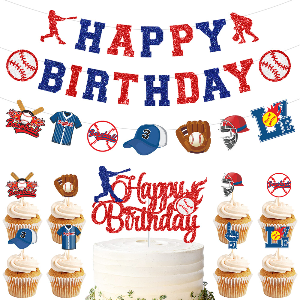 Transfronterizo nuevos deportes de béisbol tema fiesta de cumpleaños decoración traje béisbol cumpleaños bandera pastel insertar