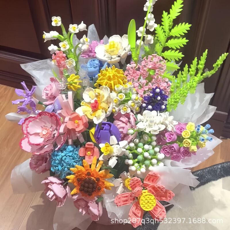Cross-Border Educational Small Particle Building Blocks Flower Simulation Assembly Rose Jasmine Daisy Eternal Flower Bouquet Building Block Toys