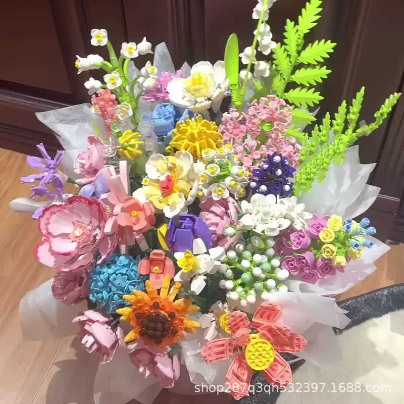 บล็อกตัวต่อเม็ดเล็กเพื่อการเรียนรู้แบบข้ามพรมแดน ชุดประกอบจำลองดอกไม้ ดอกกุหลาบ ดอกมะลิ ดอกเดซี่ ช่อดอกไม้อมตะ ของเล่นบล็อกตัวต่อ