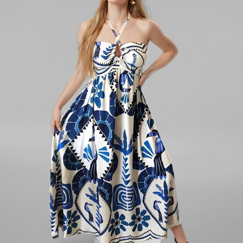 Summer Season Wholesale Women's Vacation Flower Holiday Halter Neck Sleeveless Swing Dress