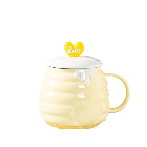 Cute Little Bee Ceramic Mug with Lid and Spoon Cartoon Coffee Cup Students Children's Breakfast Milk Drinking Cup